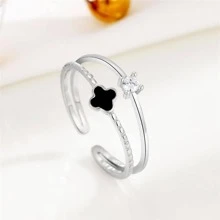 Fashionable Rhinestone & Four-Leaf Clover Decor Sterling Silver Cuff Ring For Women For Gift Valentines
