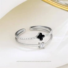 Fashionable Rhinestone & Four-Leaf Clover Decor Sterling Silver Cuff Ring For Women For Gift Valentines