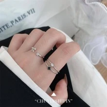 Fashionable Rhinestone & Four-Leaf Clover Decor Sterling Silver Cuff Ring For Women For Gift Valentines