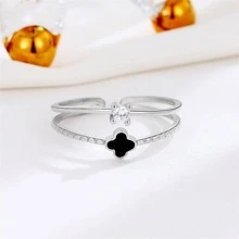 Fashionable Rhinestone & Four-Leaf Clover Decor Sterling Silver Cuff Ring For Women For Gift Valentines