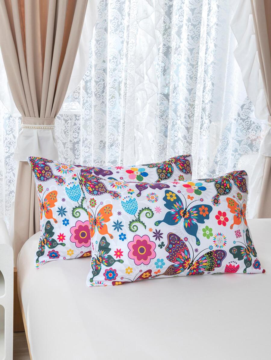 2入組蝴蝶和花卉圖案枕套不附帶枕芯 - 彩色 - 查看 1