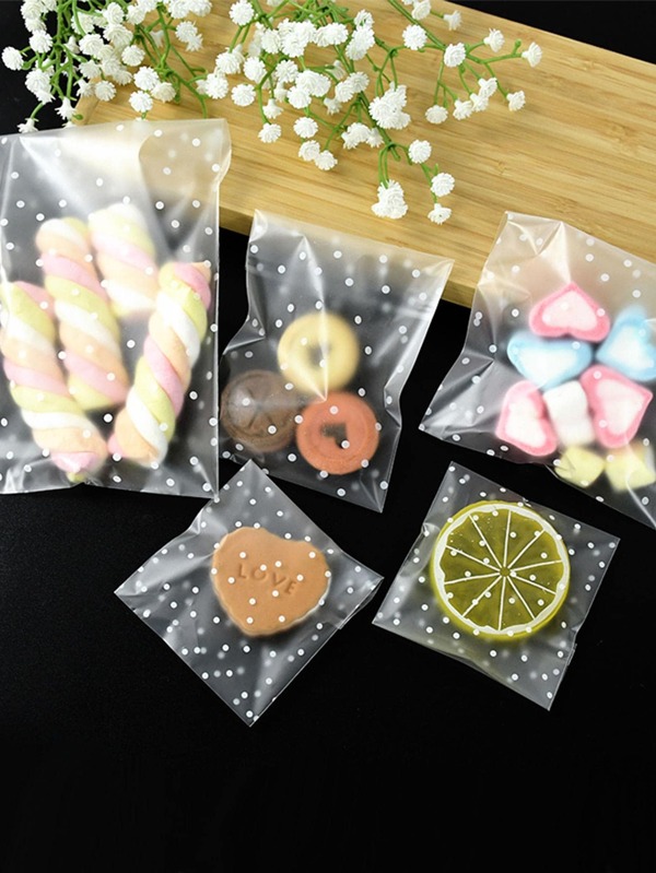 100pcs White Dotted Matte Self-Adhesive Gift Bags, Snack Packaging Bags, Wedding Party Holiday Small Gift Bags, Portable Snack Packaging Bags
