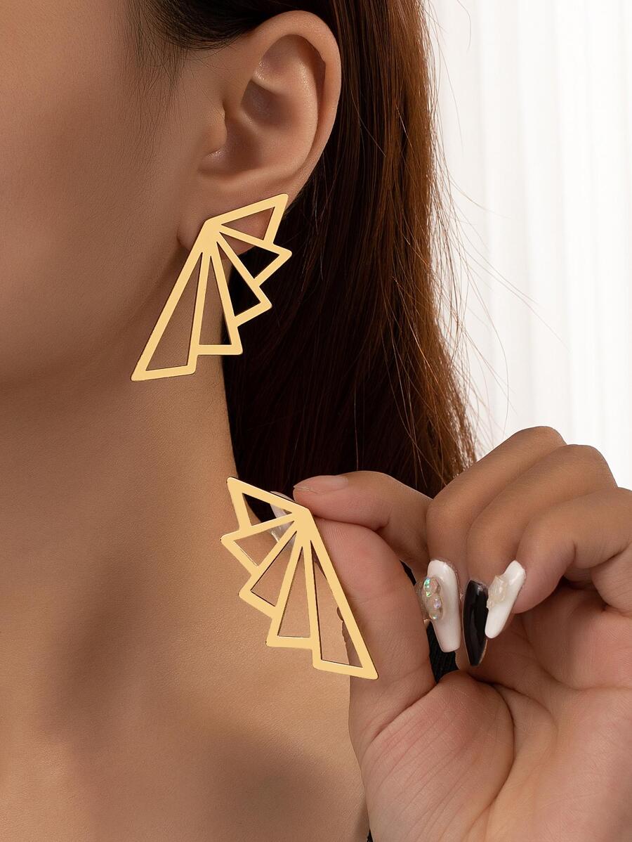 2入組幾何設計耳釘 - 金黃色 - 查看 1