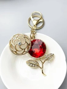 Rhinestone Decor Floral Charm Keychain - Gold - View 6