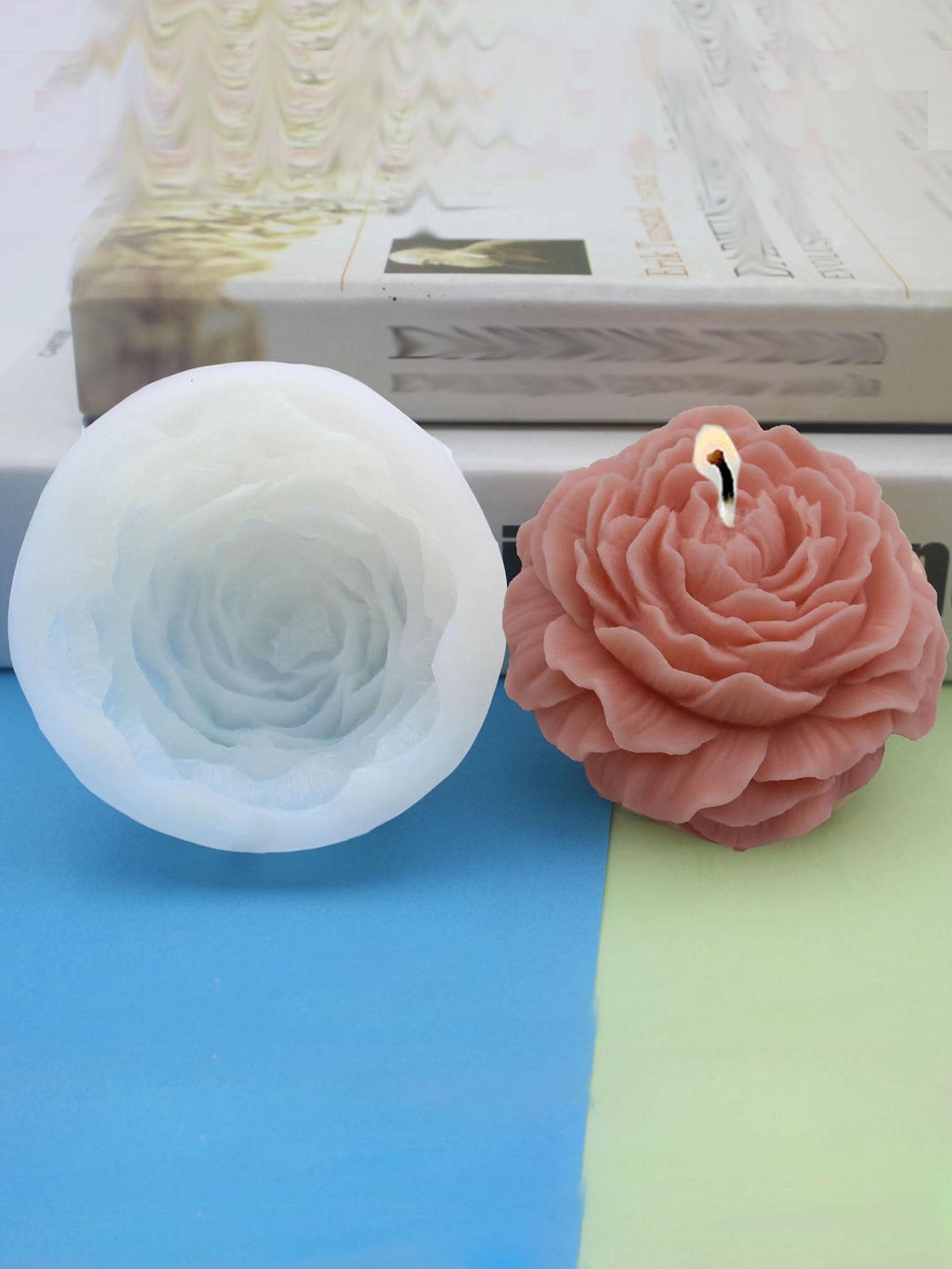 1入組3D牡丹花矽膠模具，可用於蠟燭，石膏，樹脂，黏土，肥皂製作工藝品 - 白色 - 查看 1