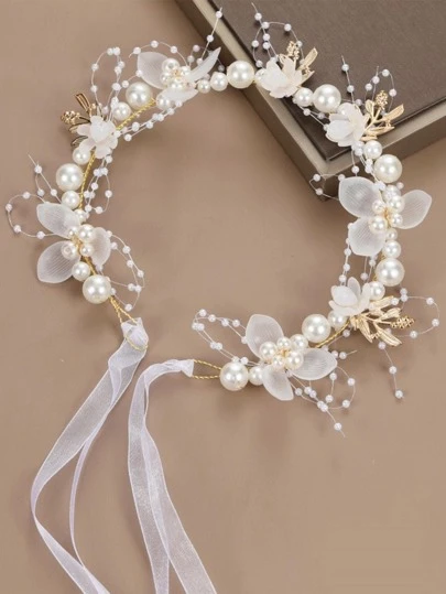 1件装女士花环头饰，人造珍珠串珠星星装饰布艺头带，适合婚礼头饰、珍珠发饰、夏威夷风情女装、准新娘、皇冠