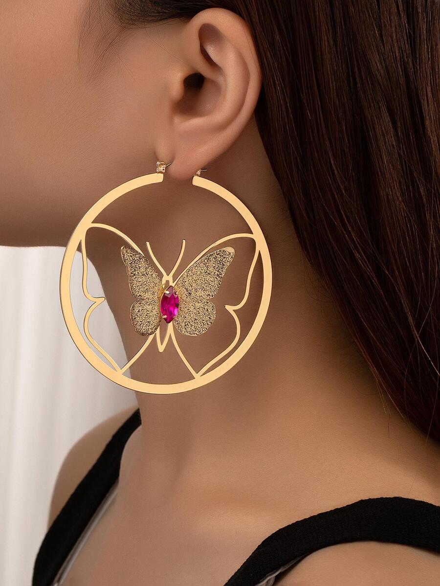 Pendientes de aro con diseño de mariposa - Amarillo Oro - Ver 1