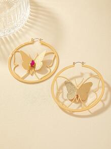 Pendientes de aro con diseño de mariposa - Amarillo Oro - Ver 3