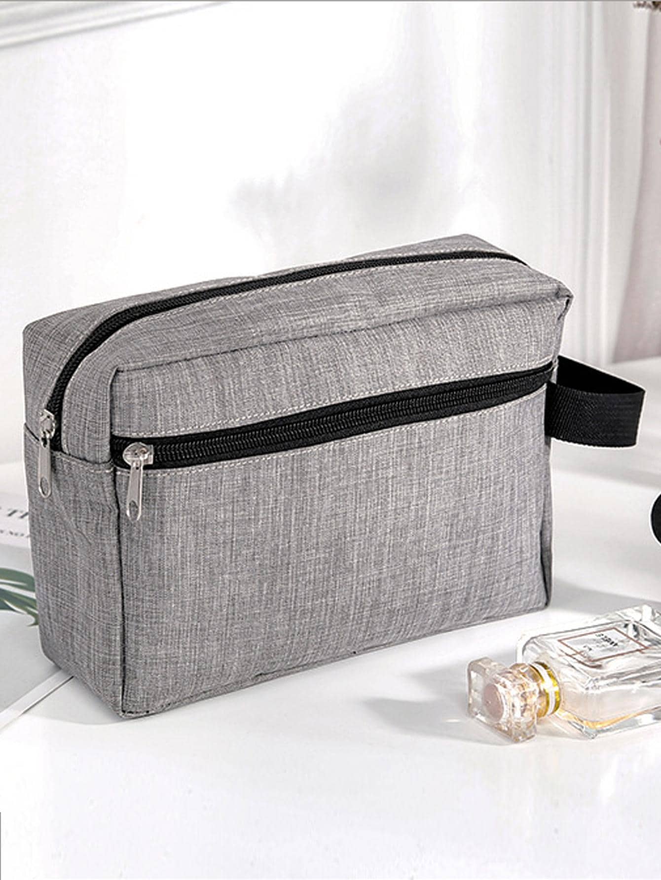 前拉鏈化妝包防水極簡化妝包洗漱包化妝包收納袋適合女士郵輪必備 - 深灰色 - 查看 1