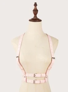 1入女性雙層皮革織物腰帶裝飾龐克風吊帶連衣裙配件，日常休閒 - 粉色 - 查看 4