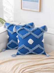 1PC Họa Tiết Hình Học Tua Rua Trang Trí Vỏ Đệm Mà Không Cần Chất Độn - Màu xanh hải quân - Xem 1