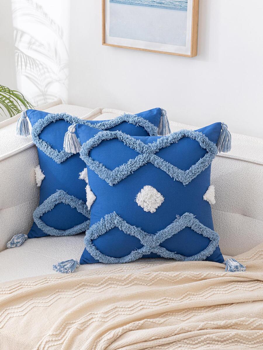 1PC Họa Tiết Hình Học Tua Rua Trang Trí Vỏ Đệm Mà Không Cần Chất Độn - Màu xanh hải quân - Xem 1