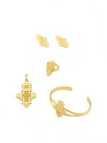 鍍金新娘高級珠寶套裝女式婚禮妻子禮物項鍊吊墜耳環戒指珠寶套裝 - 黑色 - 查看 4