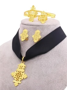 鍍金新娘高級珠寶套裝女式婚禮妻子禮物項鍊吊墜耳環戒指珠寶套裝 - 黑色 - 查看 1