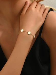 1pc Fashion Copper Flower Decor Chain Bracelet For Women For Daily Life Valentines,Mom,Mother,Mother's Day,Gift - White - View 4