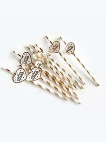 10pcs Letter Decor Striped Pattern Straw - Gold - View 2