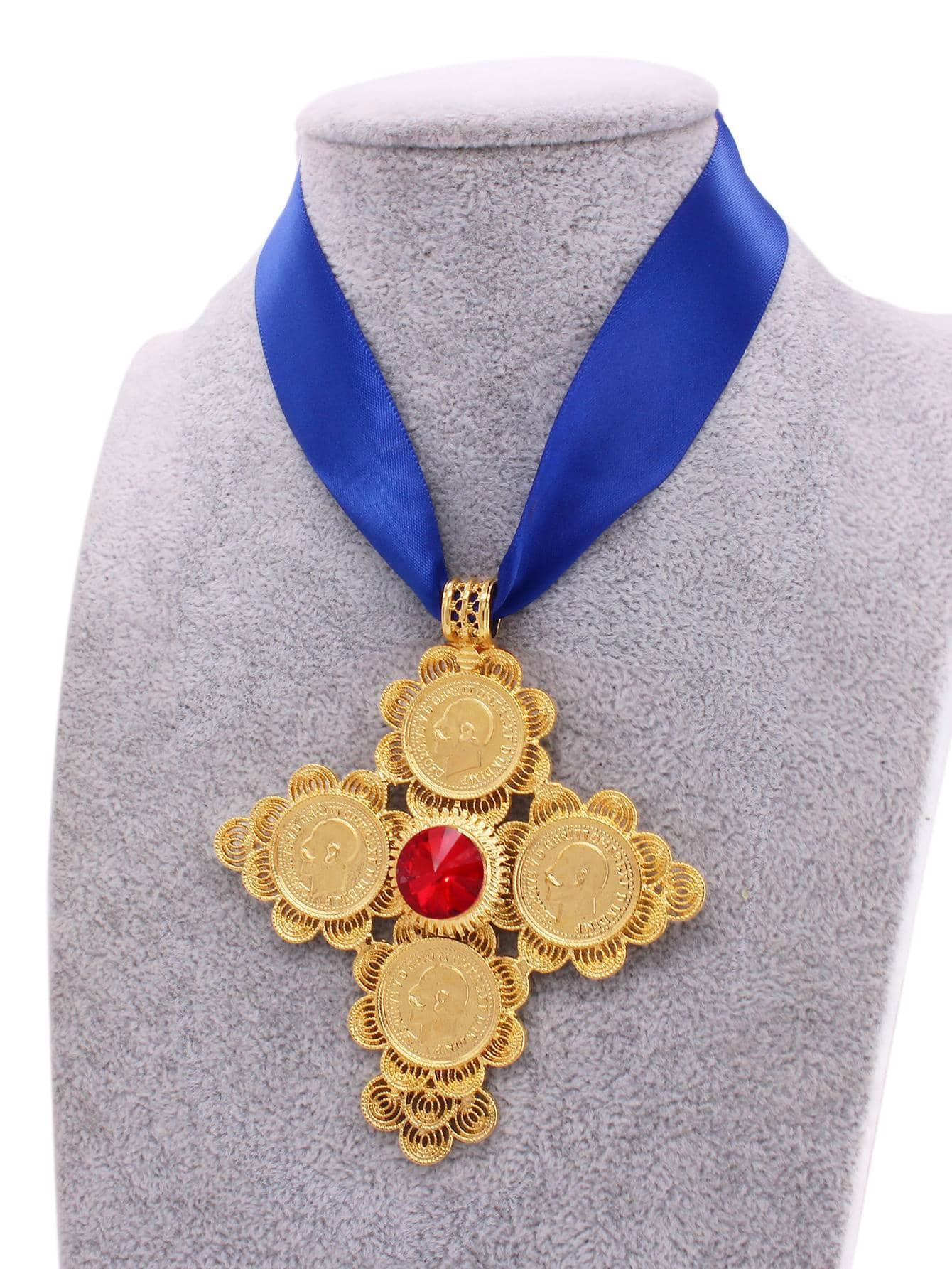 Big Geometric Ruby Pendant Classic Rope Chain Necklace Coin Jewelry Wedding Gift - Blue - View 1