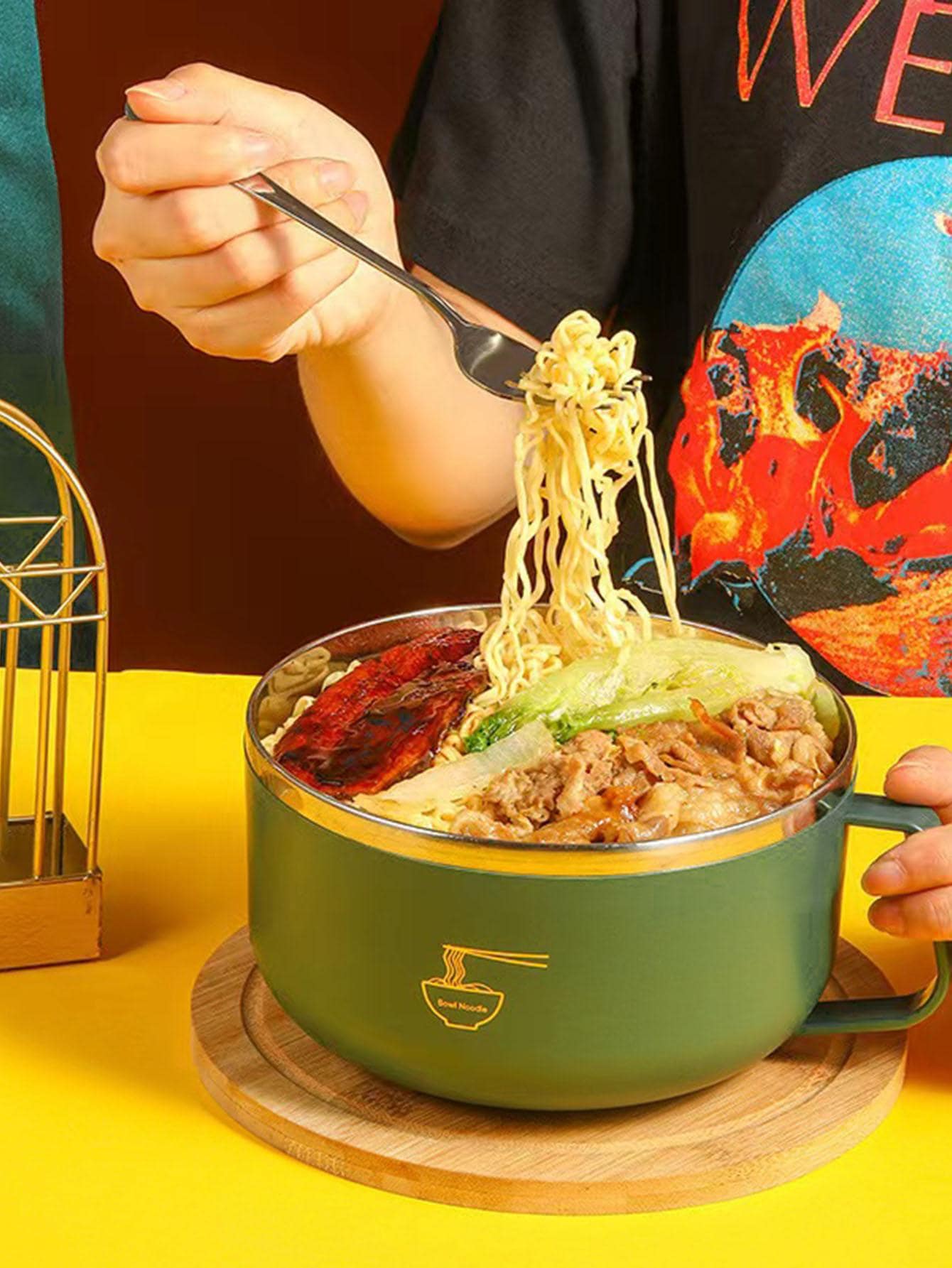 Cuenco Multifuncional Para Fideos Instantáneos De Acero Inoxidable, Cuenco Para Fideos Instantáneos De Gran Capacidad Con Tapa, Cubiertos Portátiles De Doble Propósito Con Tapa A Prueba De Quemaduras, Lonchera Para Estudiantes - Verde Oscuro - Ver 1