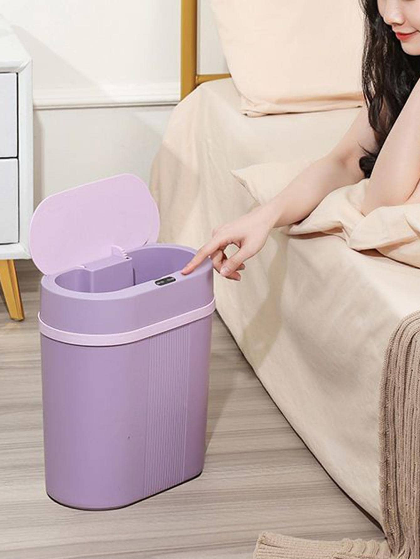 1入組塑料感應自動開關垃圾桶，需要兩節AA電池 - 粉色 - 查看 1