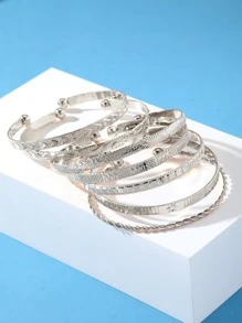 7pcs/set Textured Metal Cuff Bangle - Silver - View 3