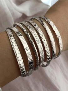 7pcs/set Textured Metal Cuff Bangle - Silver - View 1