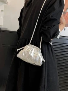 迷你褶皺金屬PU袋，時尚、朋克風格，適用於街頭穿搭 - 銀色 - 查看 4