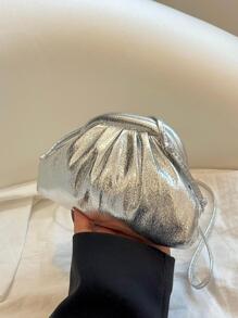 迷你褶皺金屬PU袋，時尚、朋克風格，適用於街頭穿搭 - 銀色 - 查看 5