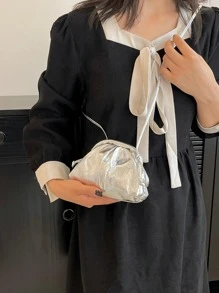 迷你褶皺金屬PU袋，時尚、朋克風格，適用於街頭穿搭 - 銀色 - 查看 3