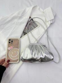 迷你褶皺金屬PU袋，時尚、朋克風格，適用於街頭穿搭 - 銀色 - 查看 6