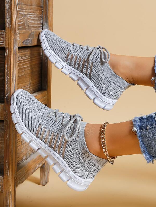 Sporty Running Shoes For Women, Knit Detail Lace-up Front Sneakers