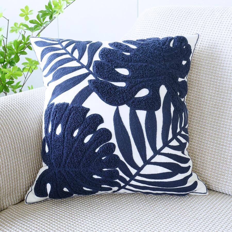 Tropical Leaf Pattern Cushion Cover Without Filler, Modern Canvas Decorative Throw Pillow Case For Living Room, Home Decor - Navy Blue - View 1