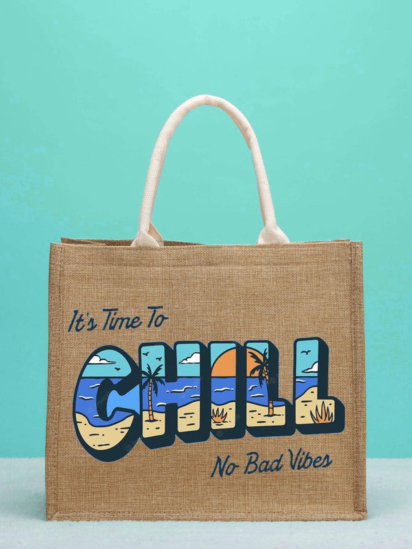 雙把購物袋簡約風亚麻手提包,雜貨店購物袋適用於海灘,完美適合夏天海灘旅行度假 - 棕色 - 查看 1