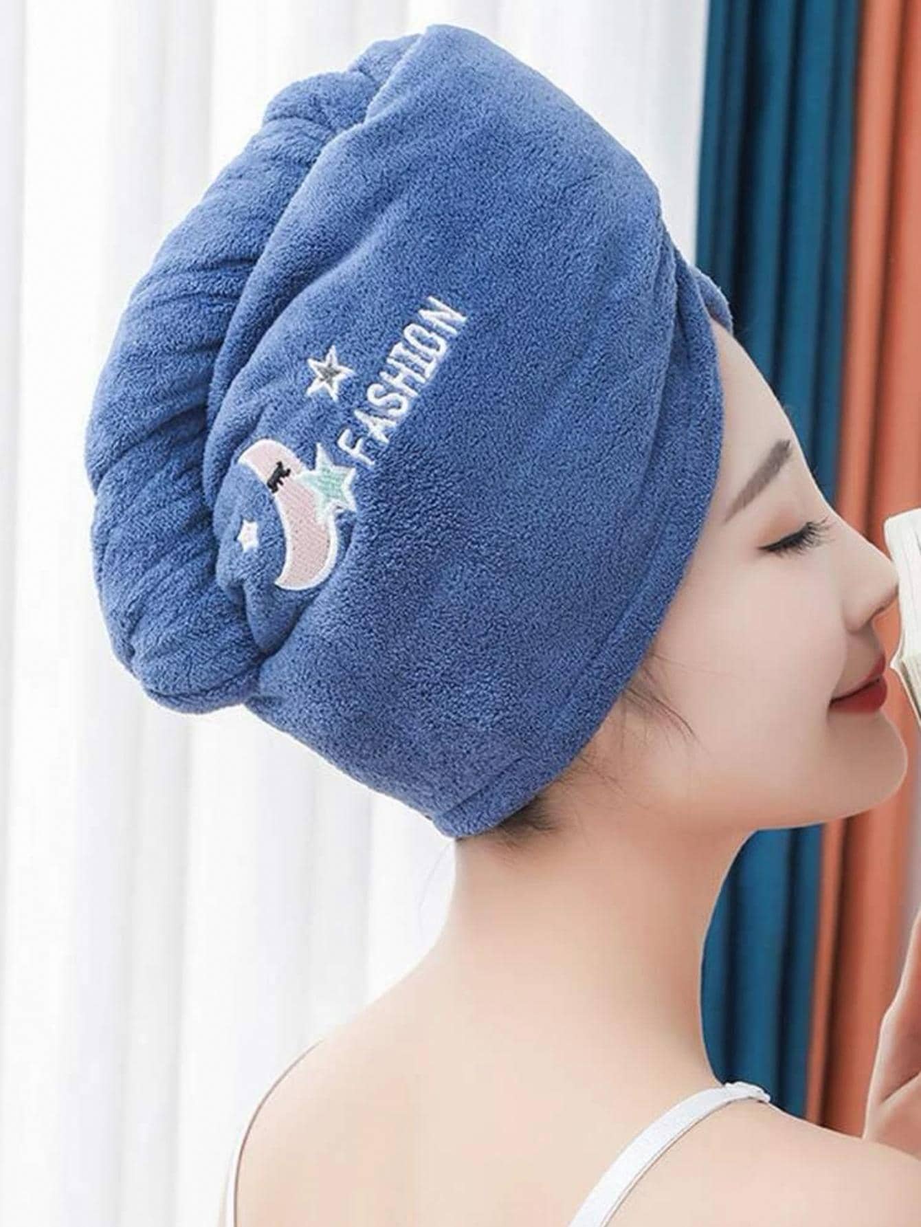 1pc Letter Embroidered Hair Drying Cap, Modern Absorbent Polyester Hair Towel For Bathroom - Blue - View 1