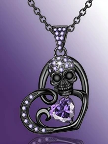 骷髏裝飾愛心掛飾項鍊 - 黑色 - 查看 1