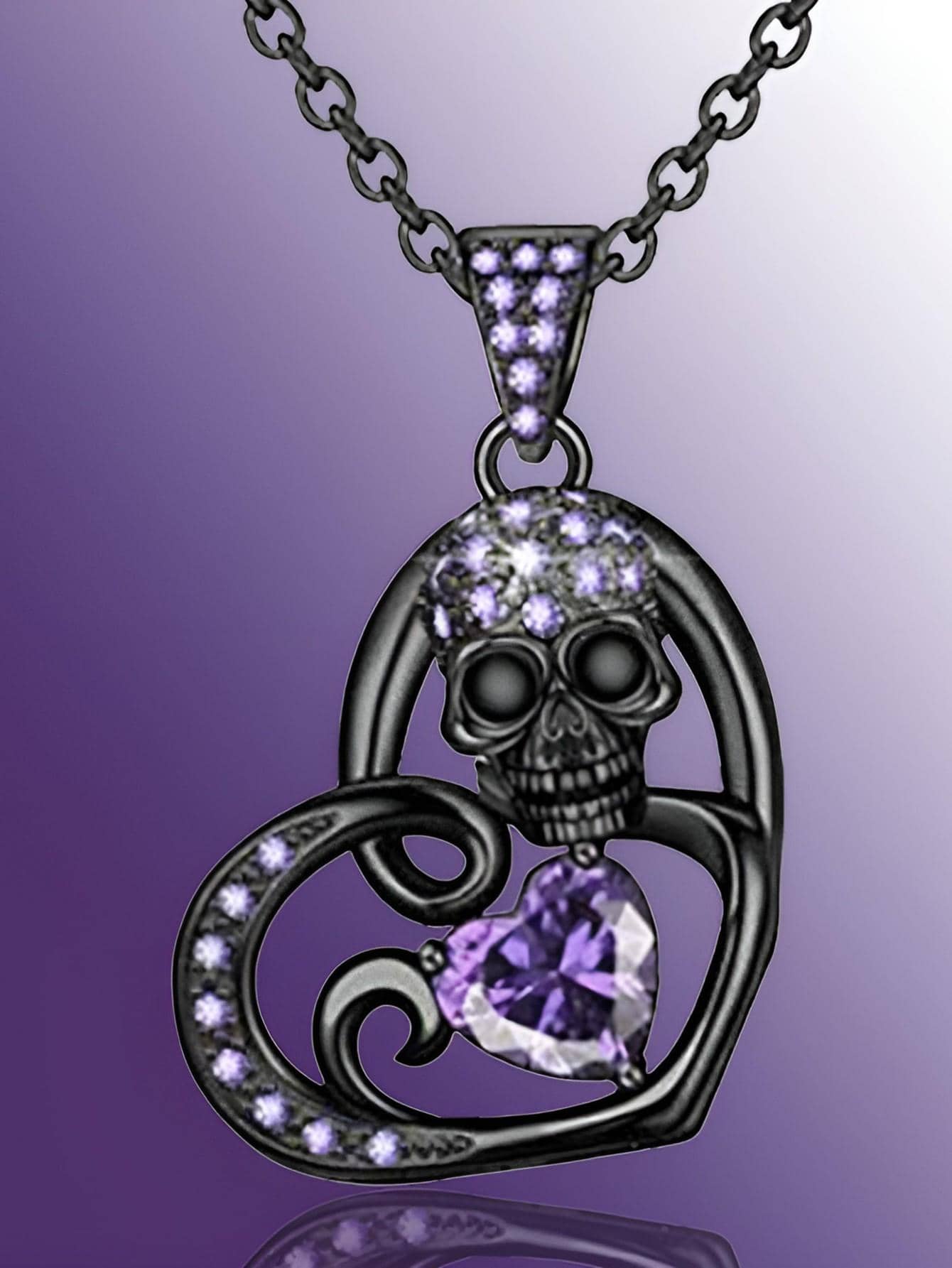 骷髏裝飾愛心掛飾項鍊 - 黑色 - 查看 1