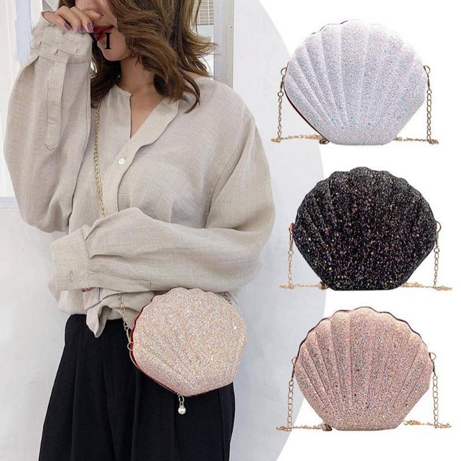 Túi đeo vai đính sequin thời trang cho nữ, túi xách da PU hình vỏ sò dễ thương, ví mini mùa hè. - Hồng - Xem 1