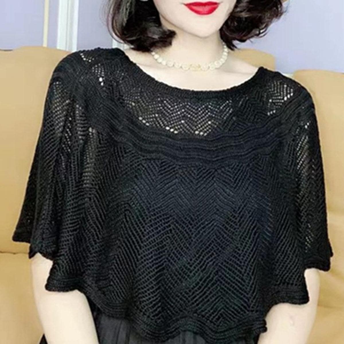 Solid Hollow Out Shawl - Black - View 1