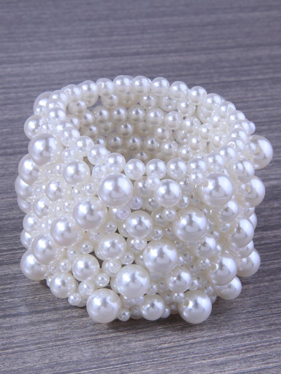 1pc Fashionable Simple Woven Pearl Wide Bracelet For Women