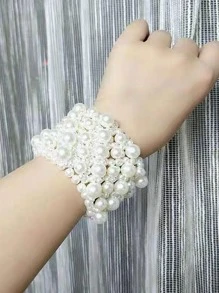 1pc Fashionable Simple Woven Pearl Wide Bracelet For Women