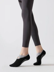 运动户外 5 双女式加垫缓冲防滑防滑握把瑜伽普拉提芭蕾舞 Barre PiYo 袜子 - 黑色 - 查看 5