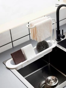 1pc Sink Organizer With Towel Bar, Retractable Sponge Drainer Rack - Grey - View 2