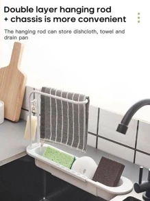 1pc Sink Organizer With Towel Bar, Retractable Sponge Drainer Rack - Grey - View 5