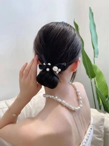 2 buah Ikat Rambut Hiasan Mutiara Imitasi Elegan untuk Olahraga, Kecantikan, dan Aksesoris Rambut - Hitam - View 3