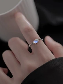 1 pieza Anillo exquisito con diseño de piedra con diseño de cadena para mujeres para regalo - Plateado - Ver 3