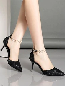 Hollow Out Pointed Toe Stiletto Heels With Ankle Strap For Women - Black - View 4