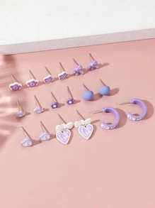 18 件简约、时尚、优雅、可爱、迷人的耳饰套装，带有心形、蝴蝶结、花瓣、草莓、玫瑰、动物爪子、脸部、蝴蝶、仿珍珠、洛丽塔等。适合女性、女孩、毕业典礼、度假、海滩派对、聚会、婚礼、伴娘、最好的朋友、女朋友、生日、教师节、母亲节、情人节、礼物 - 紫色 - 查看 2