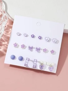 18 件简约、时尚、优雅、可爱、迷人的耳饰套装，带有心形、蝴蝶结、花瓣、草莓、玫瑰、动物爪子、脸部、蝴蝶、仿珍珠、洛丽塔等。适合女性、女孩、毕业典礼、度假、海滩派对、聚会、婚礼、伴娘、最好的朋友、女朋友、生日、教师节、母亲节、情人节、礼物 - 紫色 - 查看 1