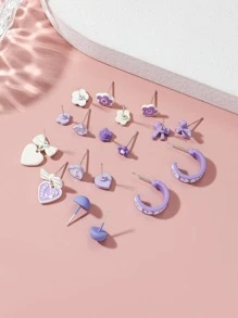 18 件简约、时尚、优雅、可爱、迷人的耳饰套装，带有心形、蝴蝶结、花瓣、草莓、玫瑰、动物爪子、脸部、蝴蝶、仿珍珠、洛丽塔等。适合女性、女孩、毕业典礼、度假、海滩派对、聚会、婚礼、伴娘、最好的朋友、女朋友、生日、教师节、母亲节、情人节、礼物 - 紫色 - 查看 3