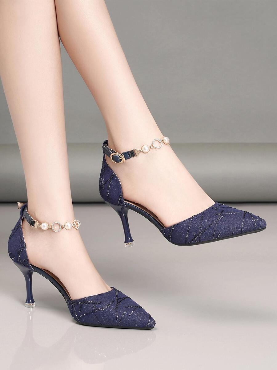 Women's Hollow Out Pointed Toe Stiletto Heels With Ankle Strap - Navy Blue - View 1