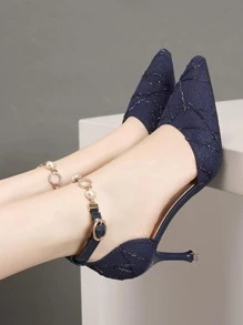 Women's Hollow Out Pointed Toe Stiletto Heels With Ankle Strap - Navy Blue - View 4